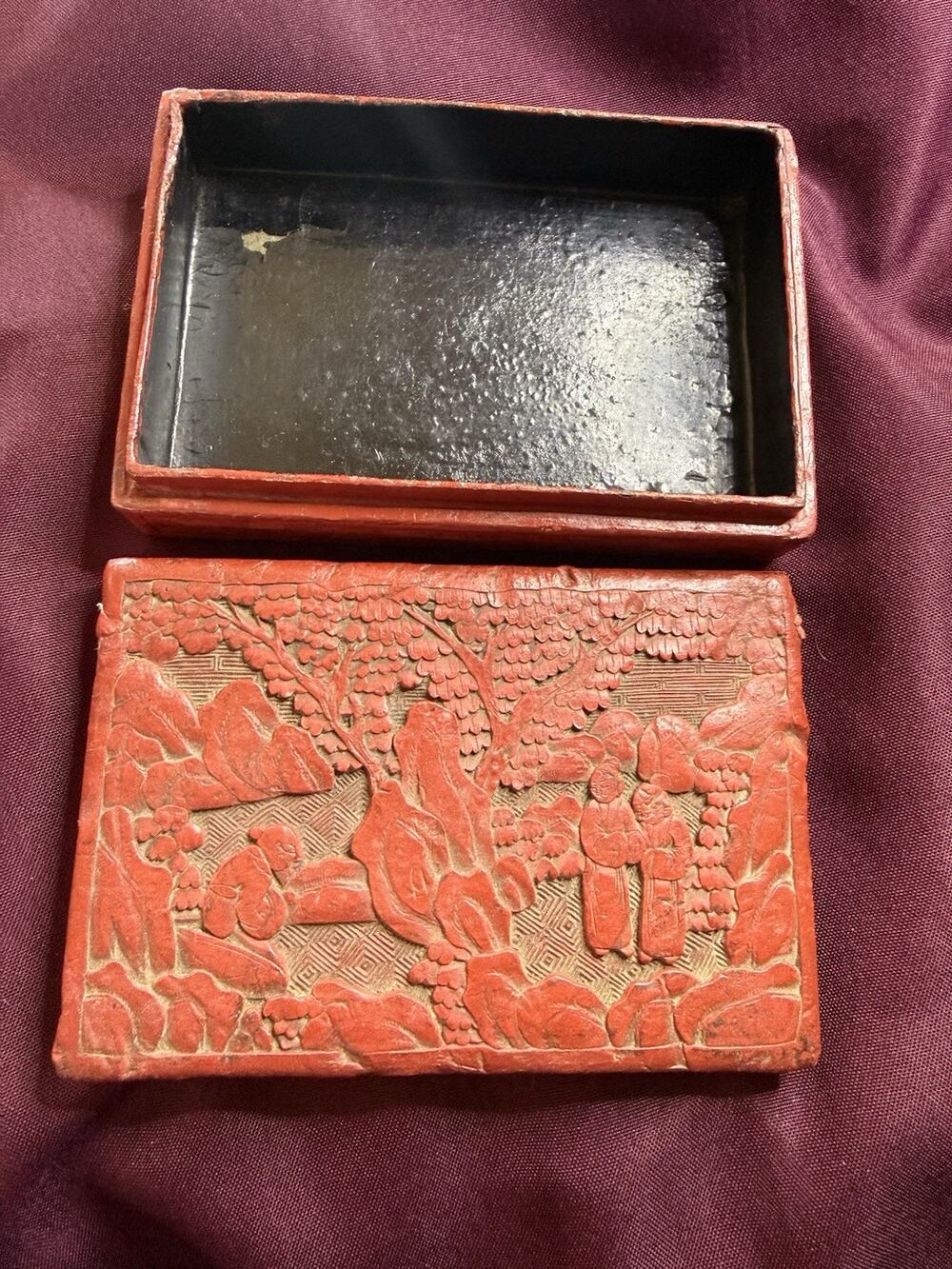 Antique Chinese Carved Red Cinnabar Lacquer Box Landscape Scene & Figures